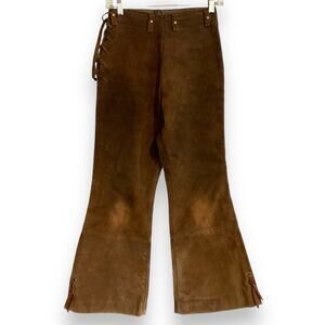 Vintage Brown Suede Leather Pants Womens Sz 26 Lace Up Pioneer Western Festival